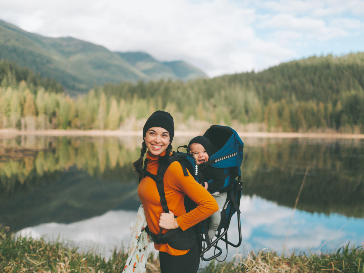 Mom and baby hiking